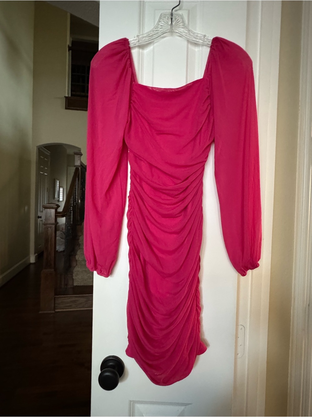 Women's Fuchsia Ruched Long-Sleeve Dress